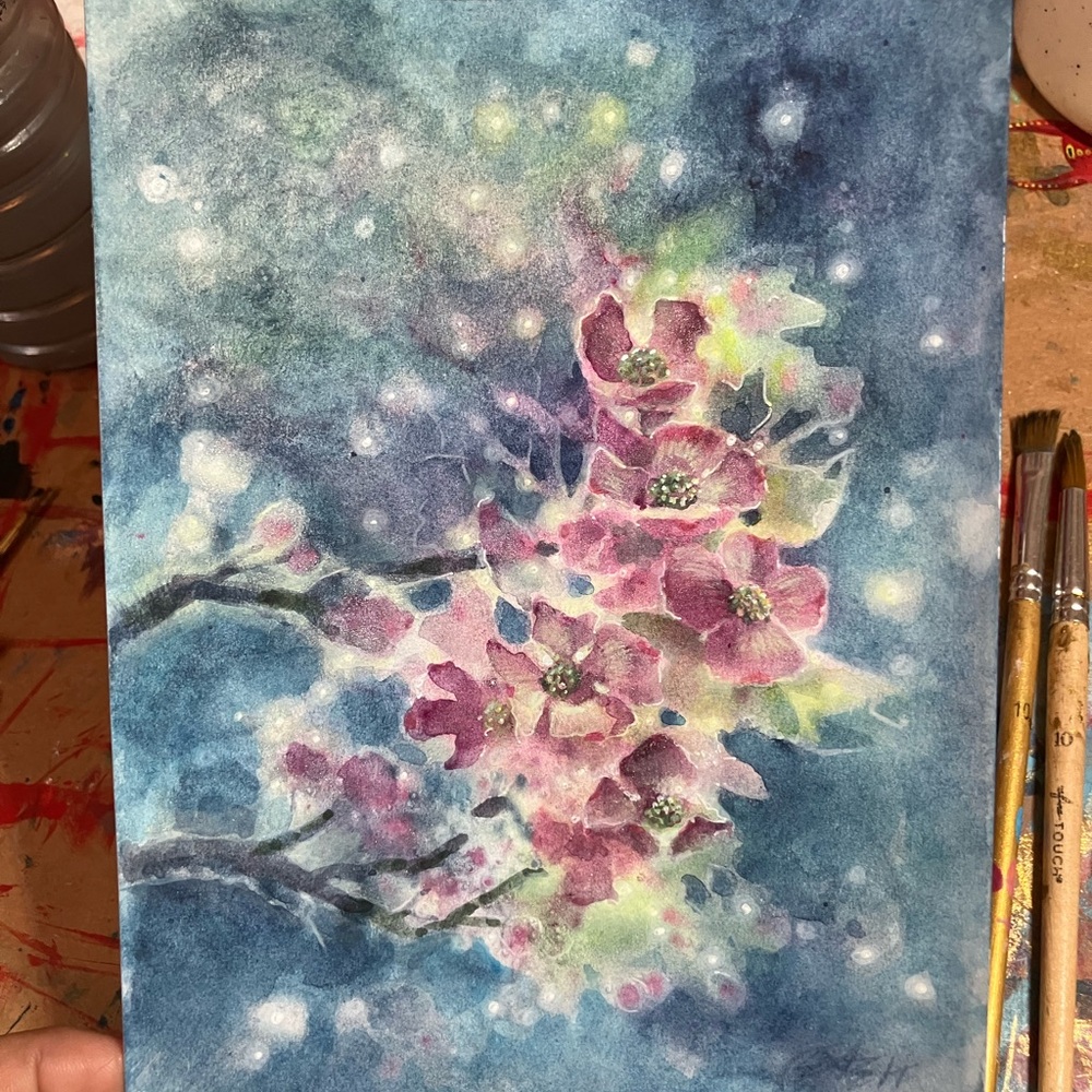 Original dogwood painting blossoms Art deco floral nature decor Artettina USA - Picture 6 of 8